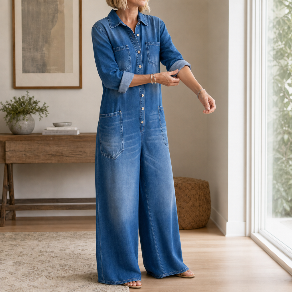Everleigh – Wide-Leg Button-Front Denim Jumpsuit