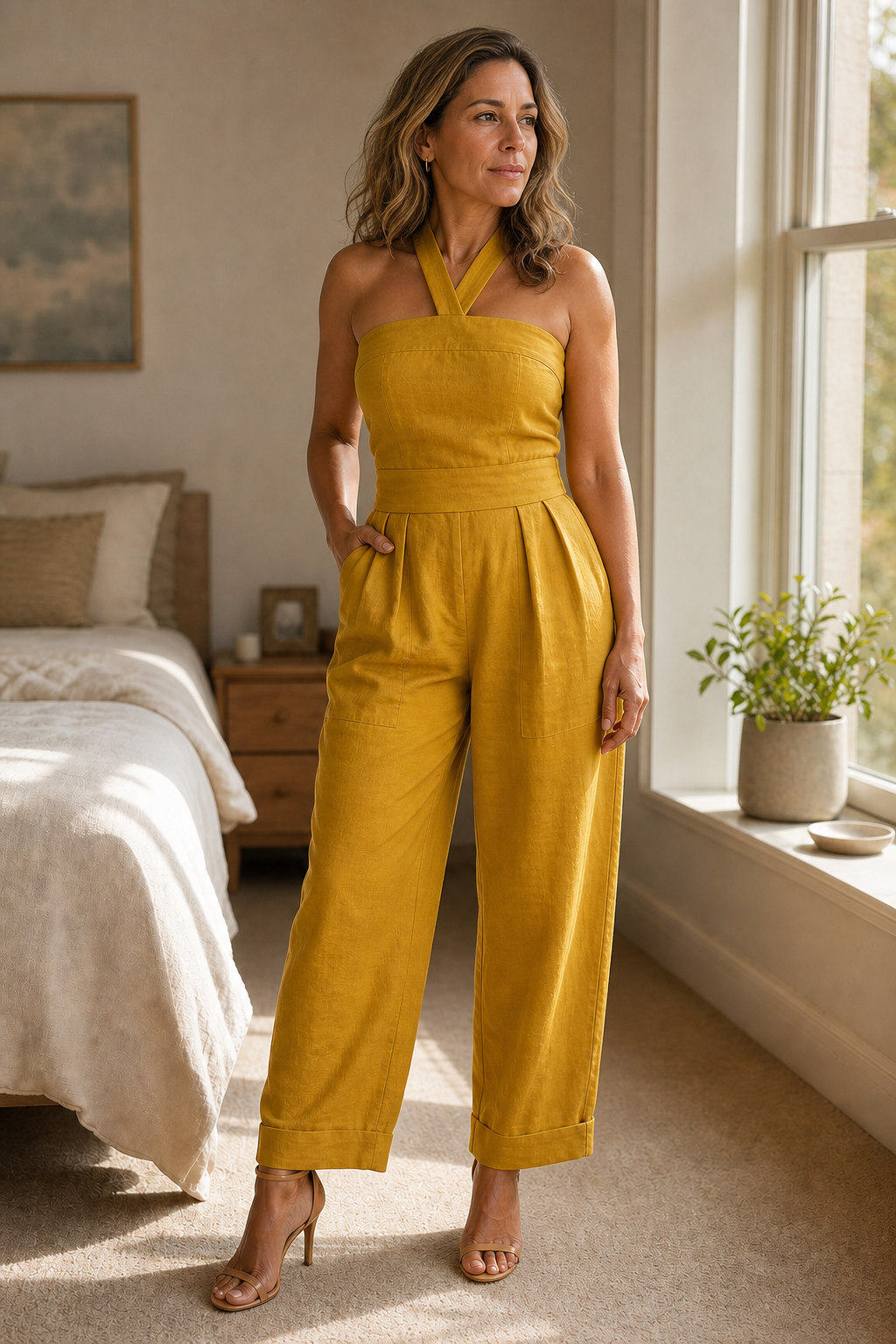 Turnwell – Halter-Neck Waist-Defined Wide-Leg Jumpsuit