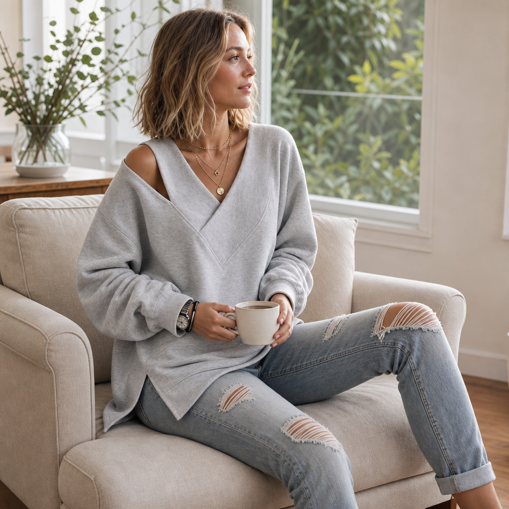 Slouvia – Asymmetric Cutout Shoulder Oversized Sweatshirt