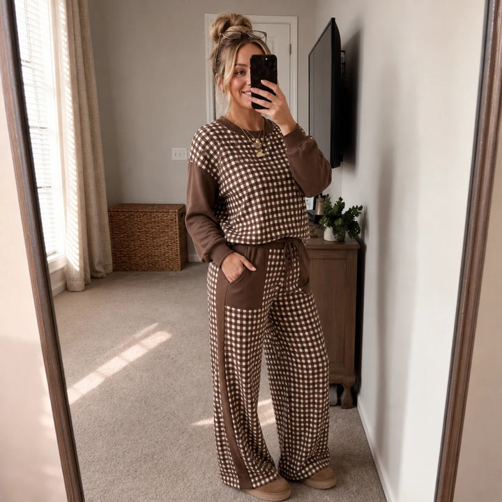 Gingham Ease – Gingham Long-Sleeve Top And Wide-Leg Pants Set