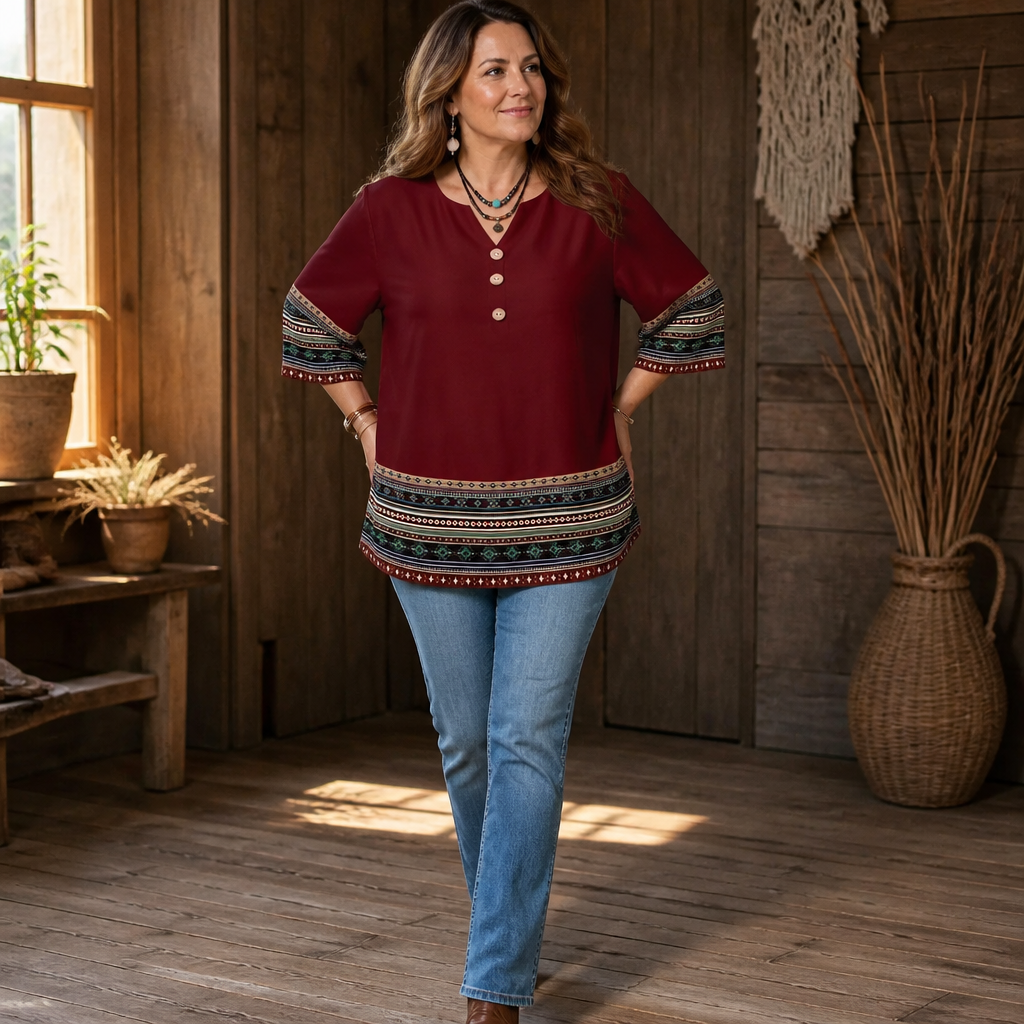 Vivelyn – Contrast Trim Button-Front V-Neck Top