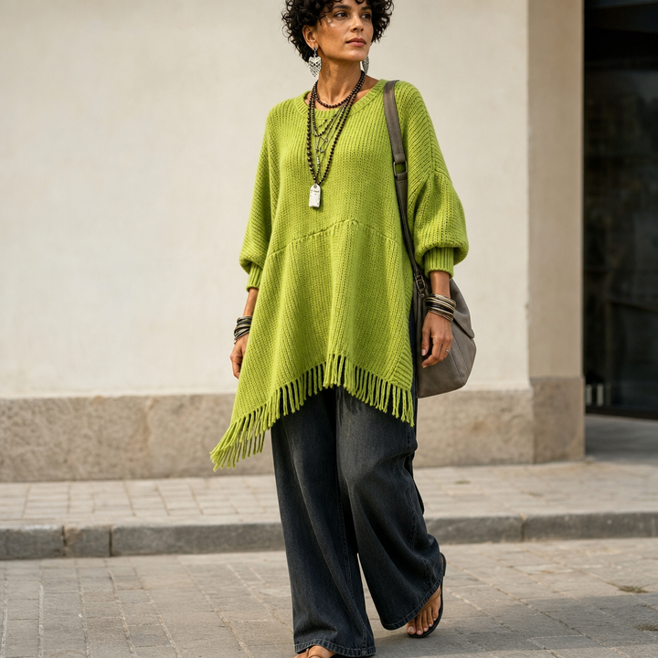 Limehaven – Textured Fringe Batwing Knit Poncho