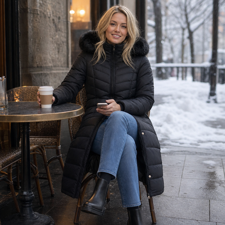 Chevronwarm – Longline Puffer Coat With Fur Hood