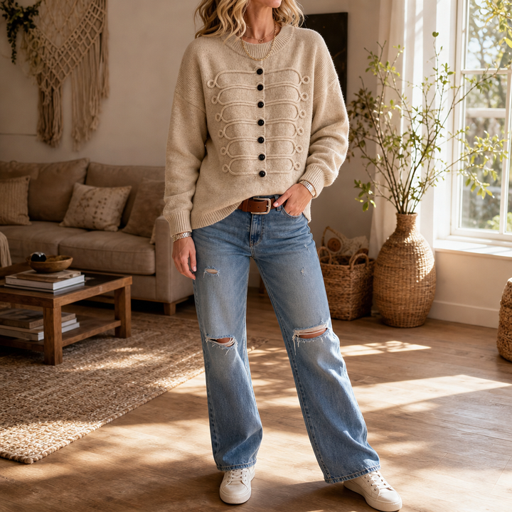 Braidenne – Braided Cord Button-Front Knit Sweater