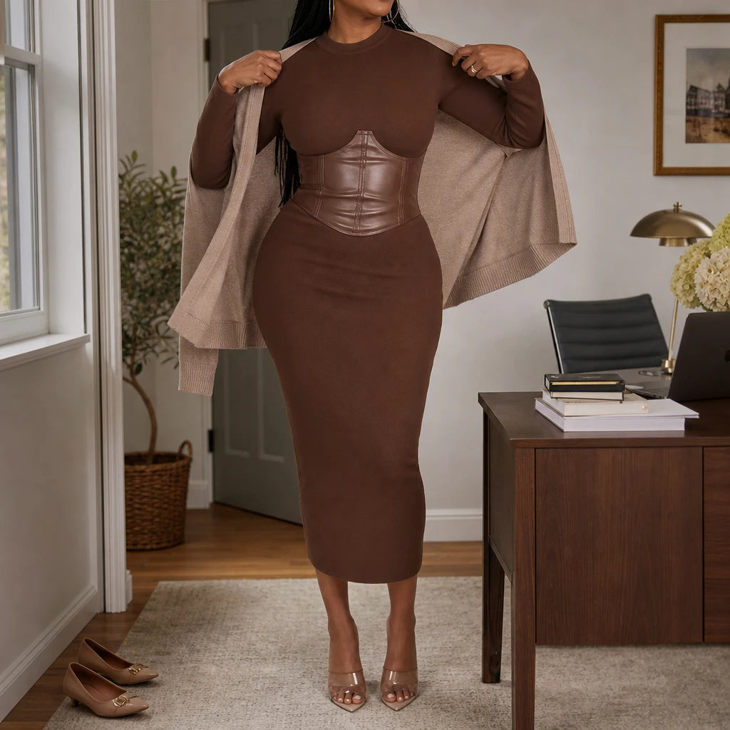 Velora – Corset-Waist Ribbed Knit Midi Dress