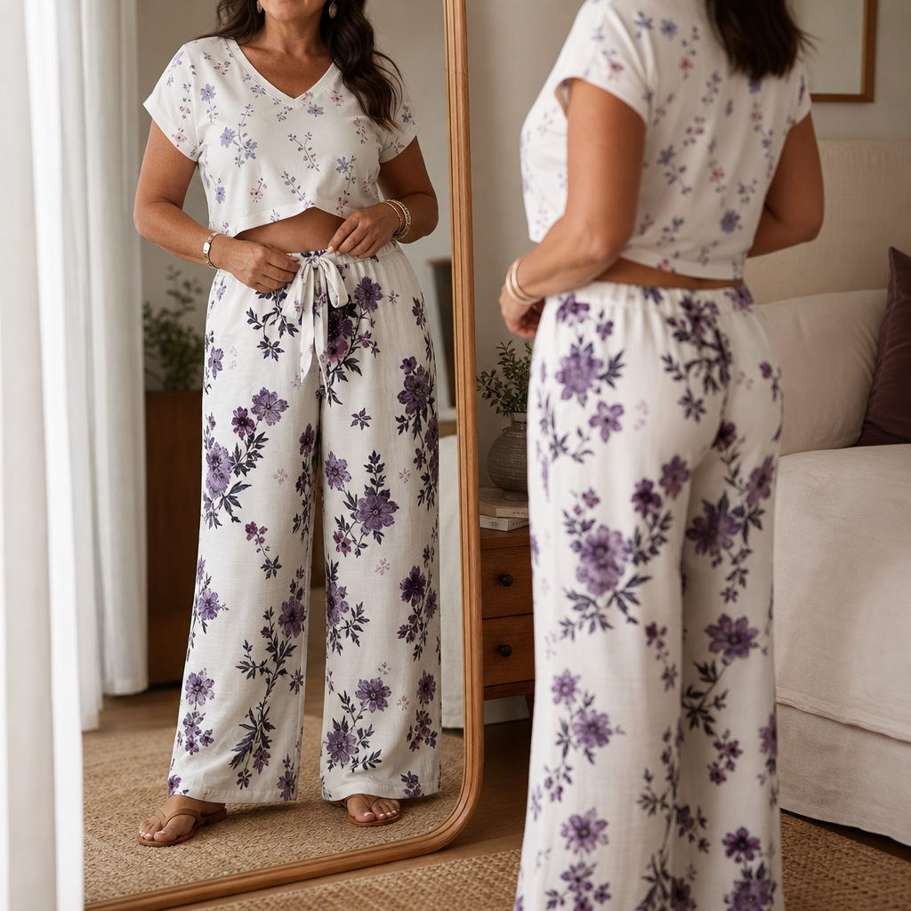 Twovelle – V-Neck Tie-Waist Wide-Leg Two-Piece Set