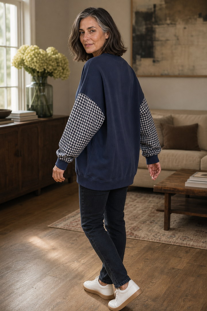 Blockline – Patchwork Plaid Loose Crew Neck Top