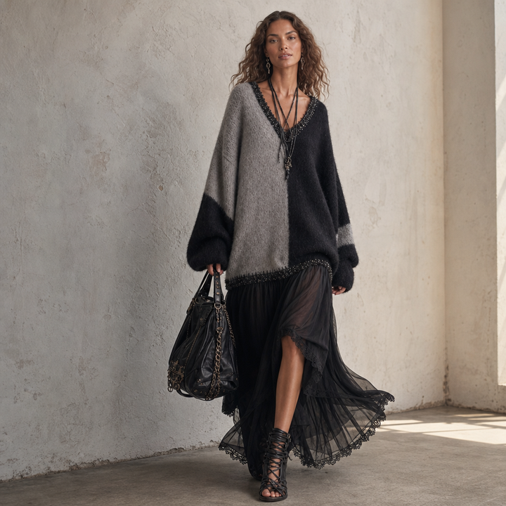 Vellora – Color-Block Knit Bodice Mesh Skirt Dress