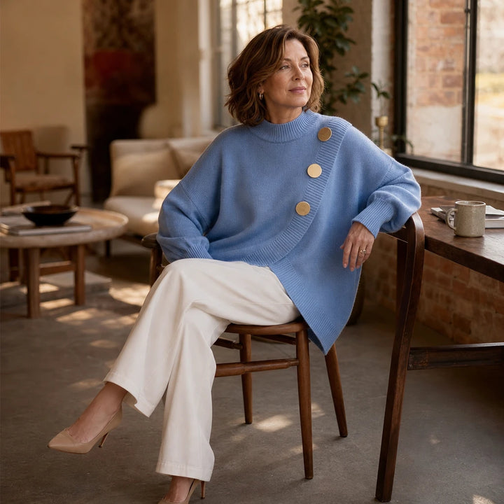 Hemline – Asymmetric Mock-Neck Button Knit Sweater