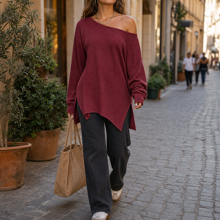 Veluna – Side-Slit Off-Shoulder Tunic Blouse