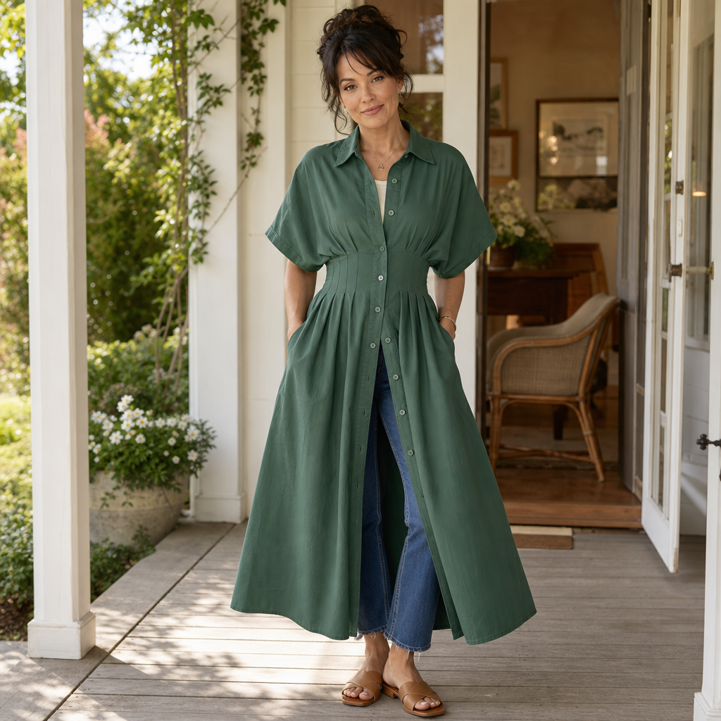 Solmara – Pleated Waist Button-Front Maxi Shirt Dress