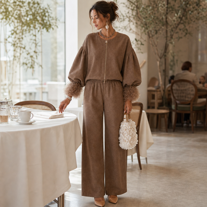 Wearlyn – Tulle-Cuff Balloon Sleeve Top And Pants Set