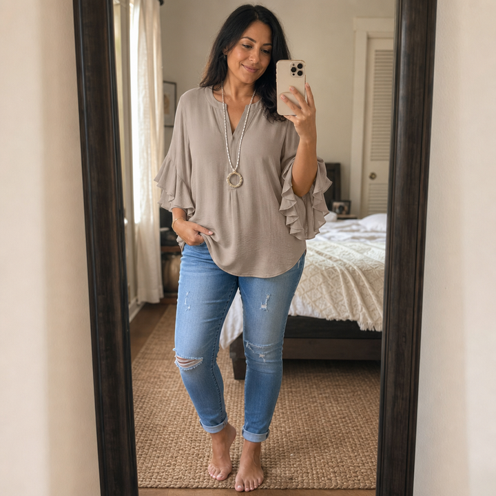 Florenza – Floral Ruffle-Sleeve V-Neck Blouse