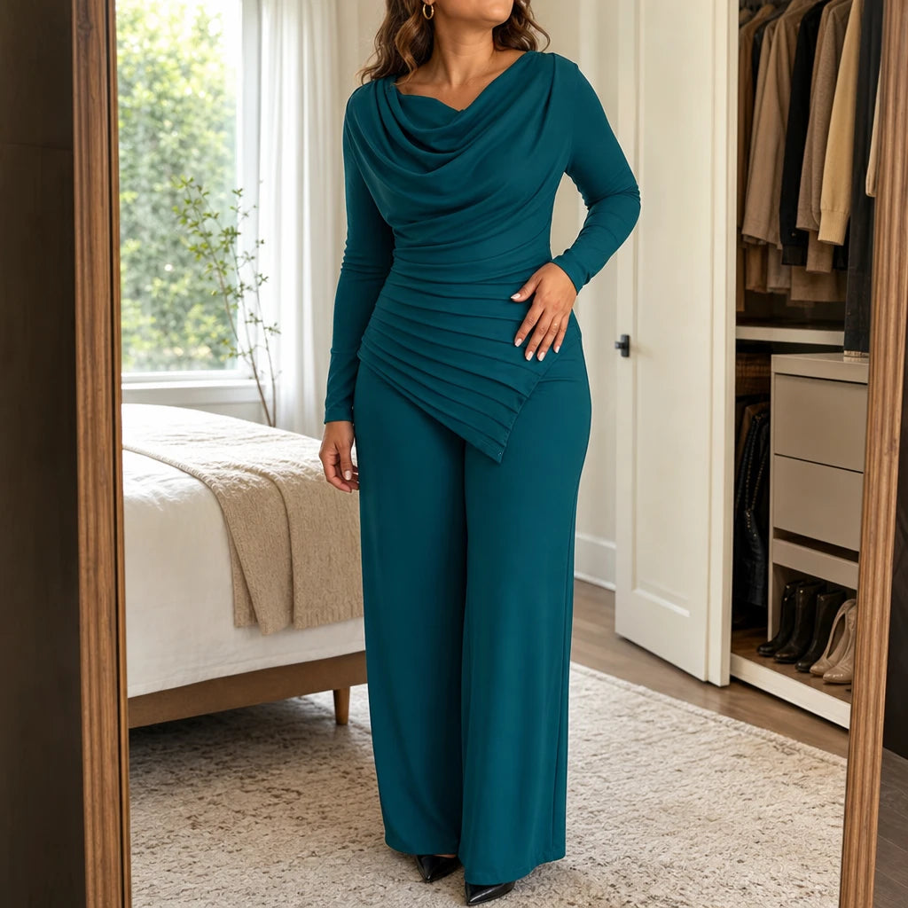 Cowl & Flow – Draped Cowl-Neck Top And Wide-Leg Pants Set