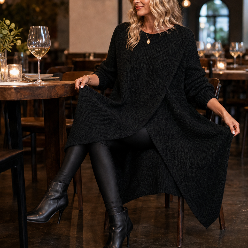 Wrapline – Asymmetric Wrap-Front Slit Hem Tunic Dress