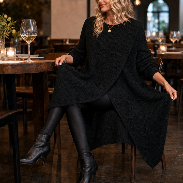 Wrapline – Asymmetric Wrap-Front Slit Hem Tunic Dress