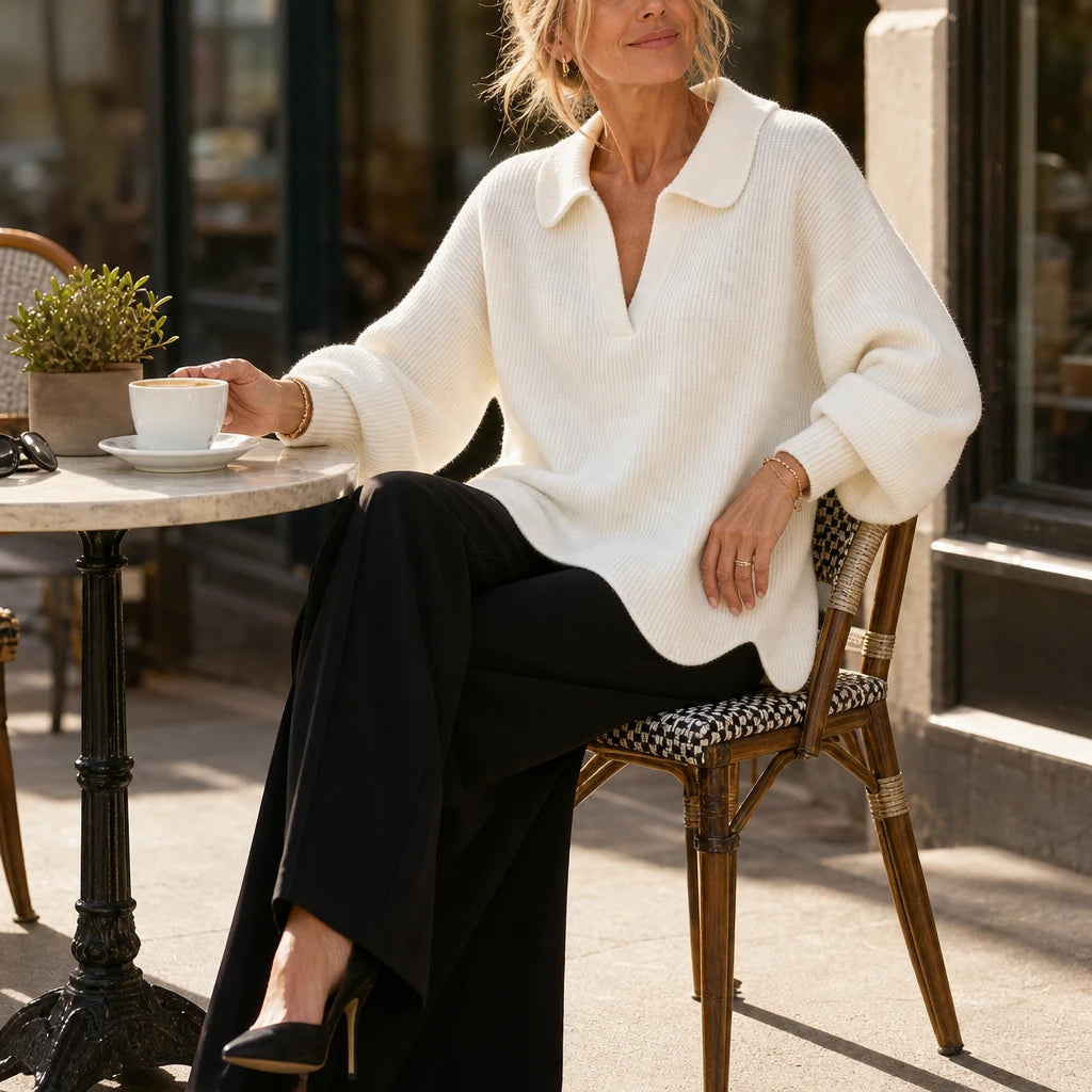 Velluna – Scalloped Hem V-Neck Sweater