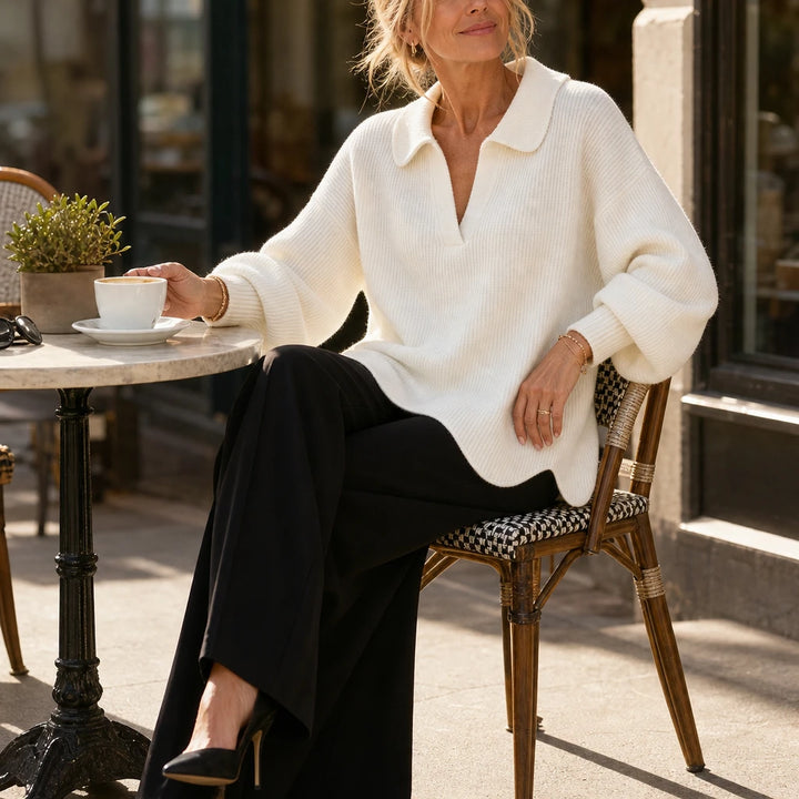Velluna – Scalloped Hem V-Neck Sweater