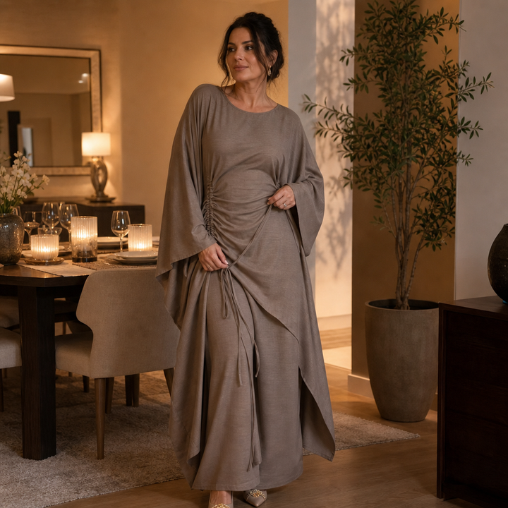 Cinchara – Ruched Waist Batwing Kaftan Two-Piece Set