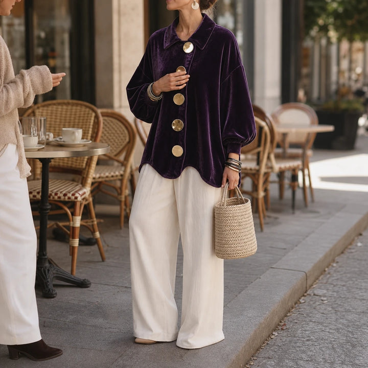 Velvara – Gold Button Velvet-Look Blouse