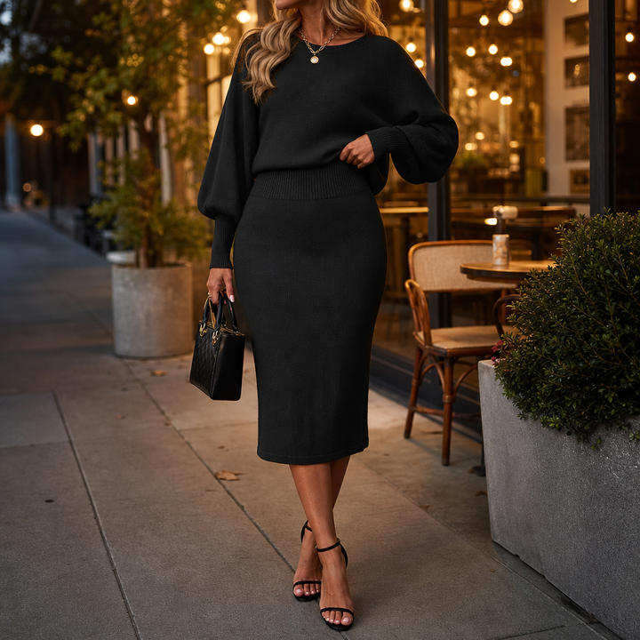 Veloura – Bat-Sleeve Wrap Knit Two-Piece Dress Set