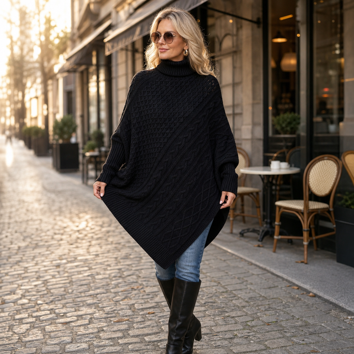 Cabelune – Cable-Knit Asymmetric Poncho Sweater