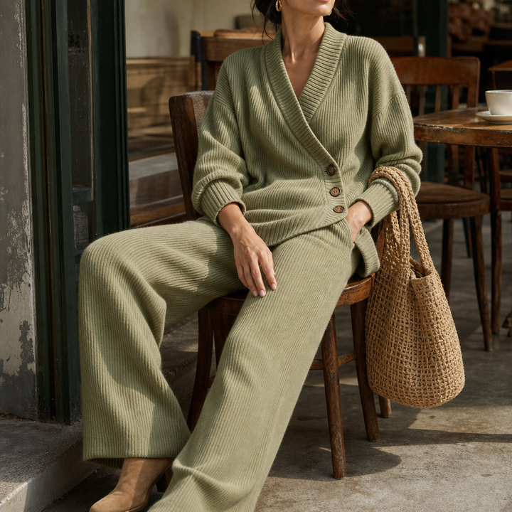 Olivea – Ribbed Wrap Top And Wide-Leg Pants Set