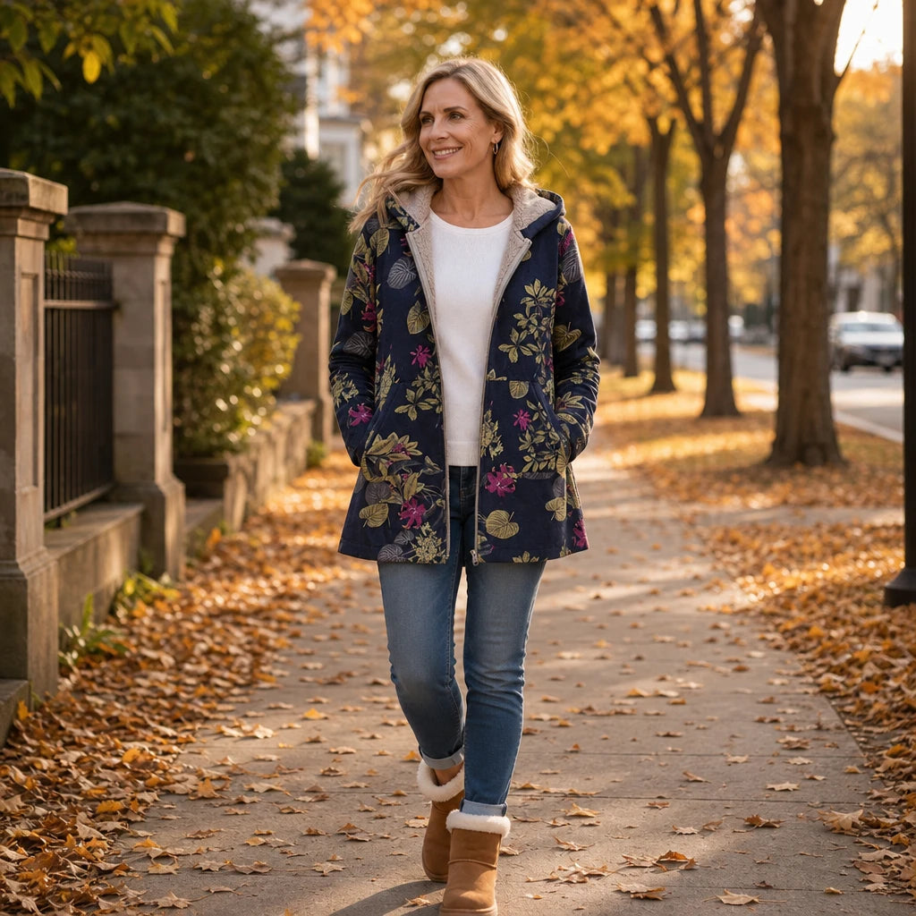 Leafora – Vintage Leaf-Print Hoodie Jacket