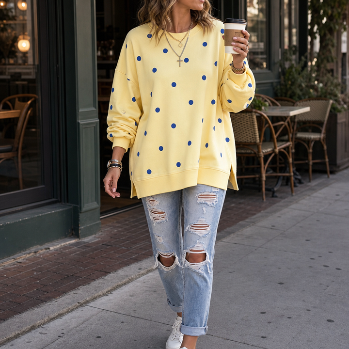 Sunbelle – Polka Dot Ribbon-Tie Neck Sweatshirt