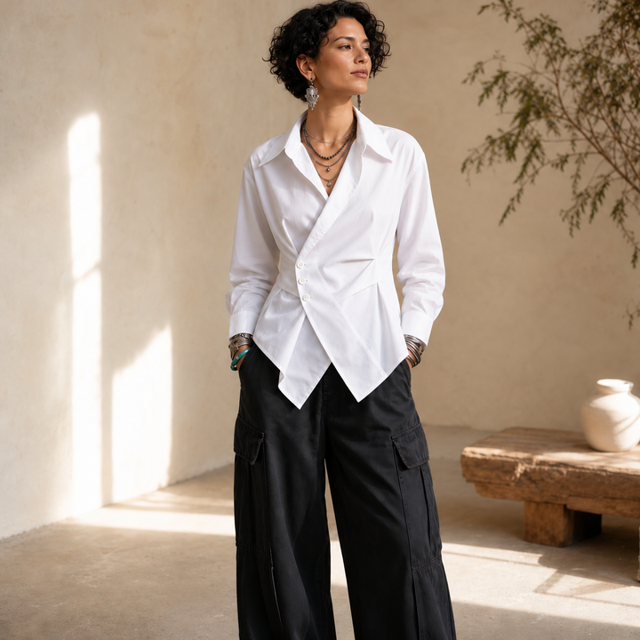 Vela Twist – Diagonal Wrap Hem Cotton Shirt