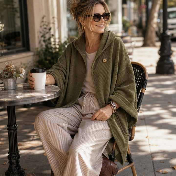 Draperly – Asymmetric Hem Hooded Corduroy Poncho