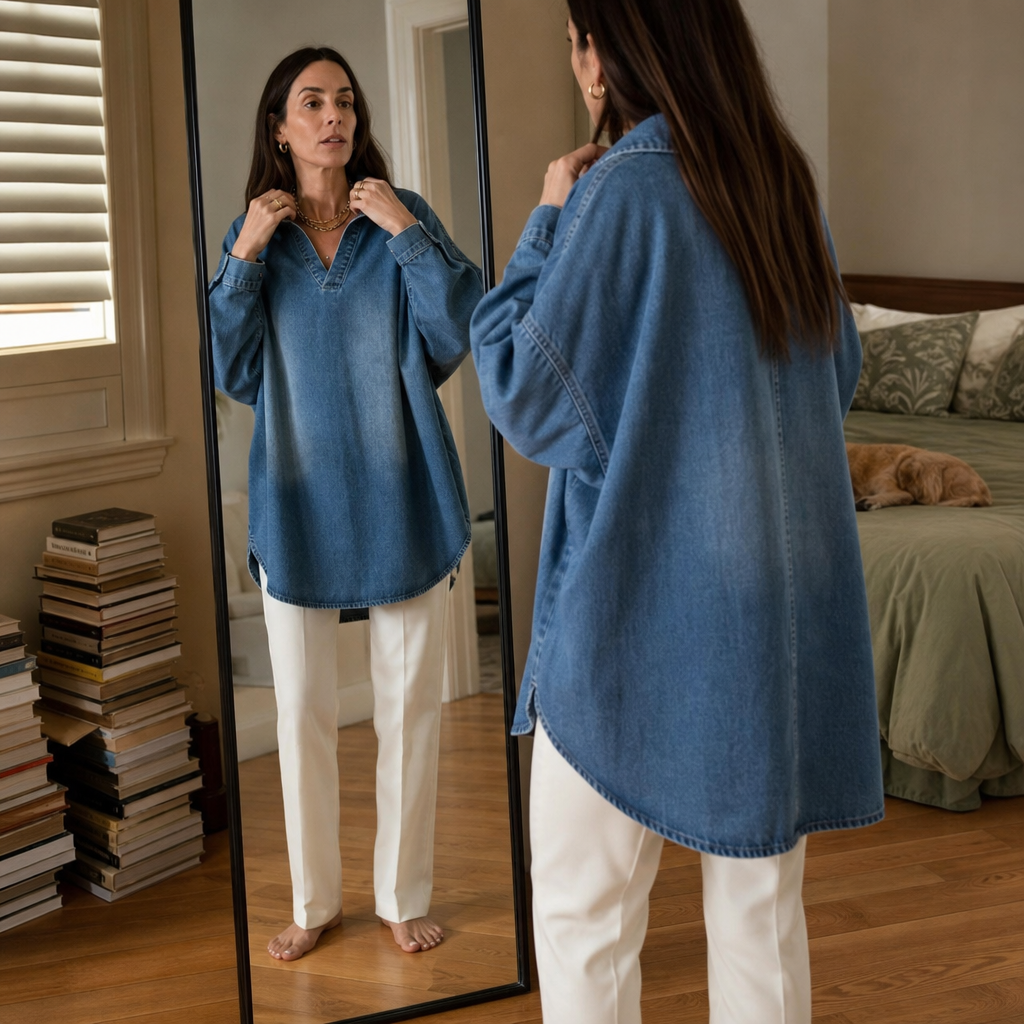 Denimelle – Soft-Washed Batwing Denim Tunic