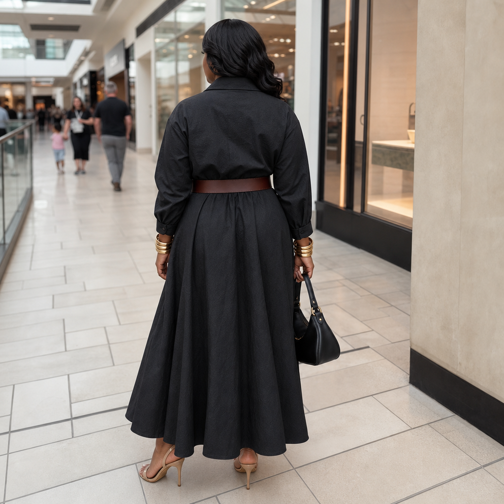 Everly Midi – Belted Long-Sleeve Collared Midi Dress