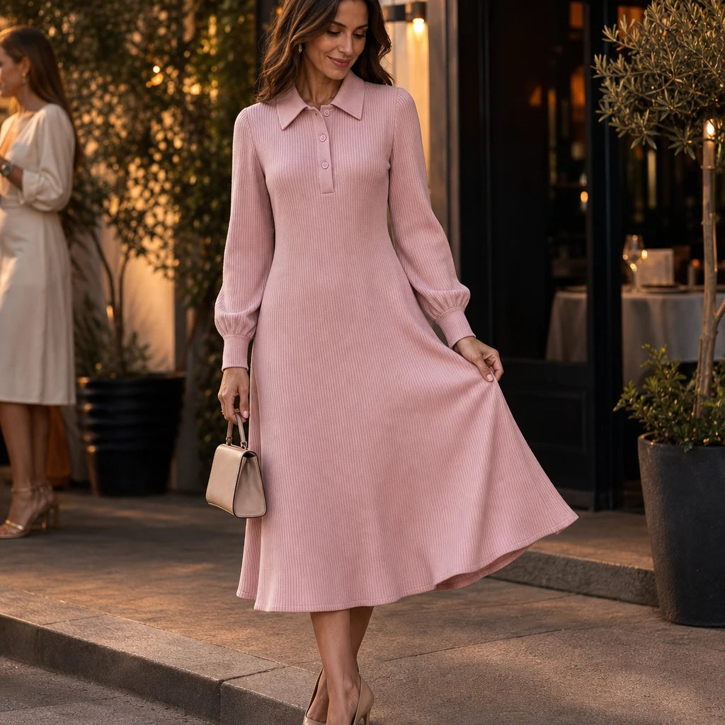 Lapella – Ribbed Knit Lapel Collar Midi Dress