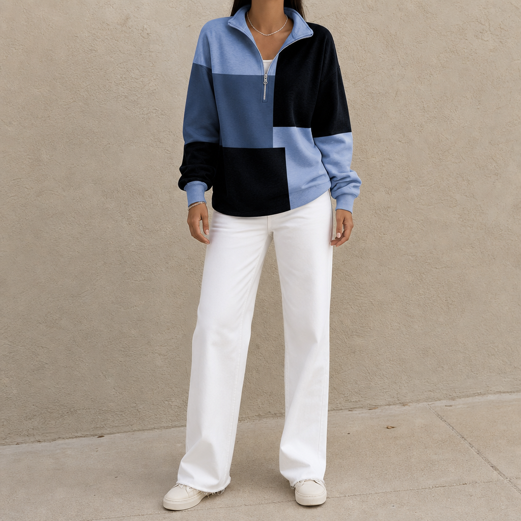 Colorplaid – Colorblock Plaid Stand-Collar Zip Sweatshirt