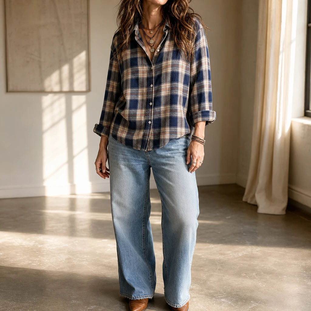 Caledon – Plaid Button-Front Long-Sleeve Blouse