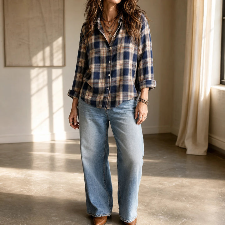 Caledon – Plaid Button-Front Long-Sleeve Blouse