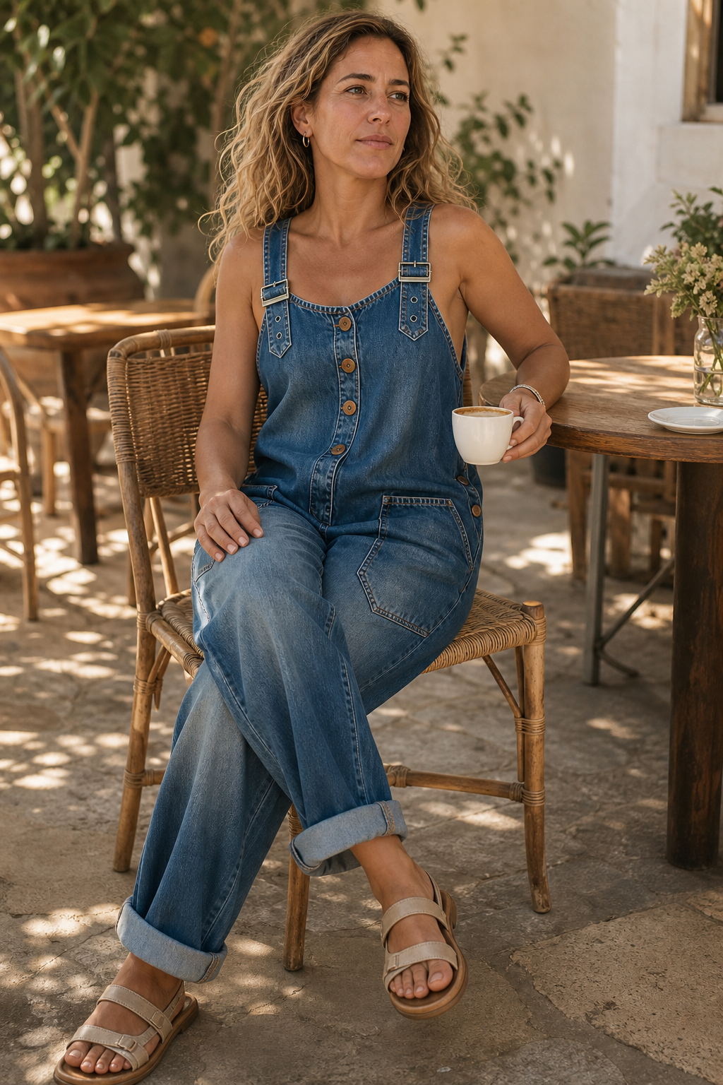 Loosetta – Vintage Wash Adjustable-Strap Wide-Leg Overalls