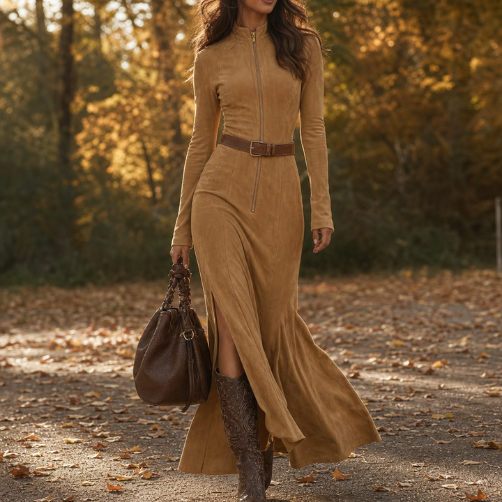 Suedelle – Belted Fishtail Maxi Dress