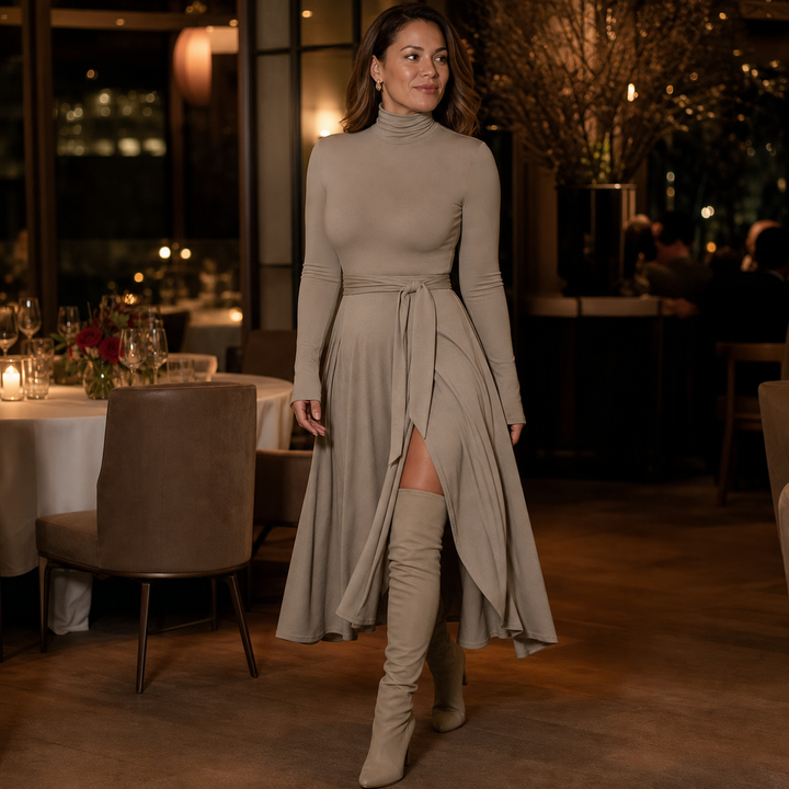 Vellara – Turtleneck Wrap Slit Knit Midi Dress