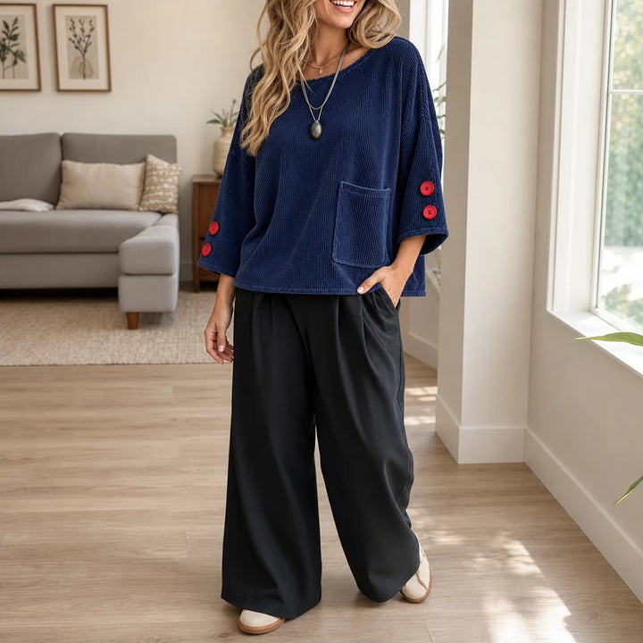 Overa – Ribbed Button-Sleeve Blouse