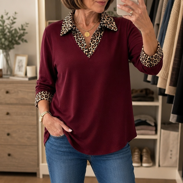 Wearlynn – Leopard-Trim Long Sleeve Tunic Top