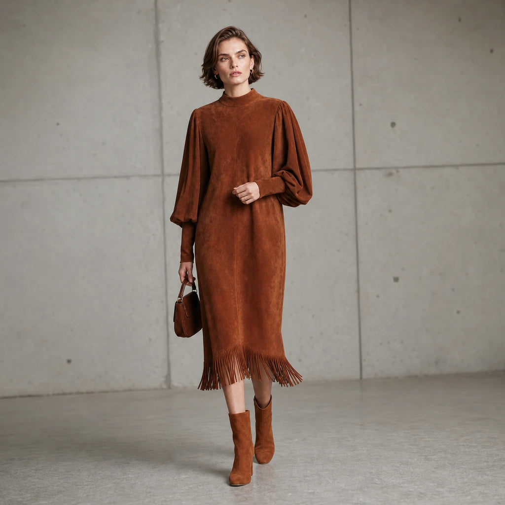 Suede Serenade – Faux Suede-Look Lantern Sleeve Fringe Midi Dress