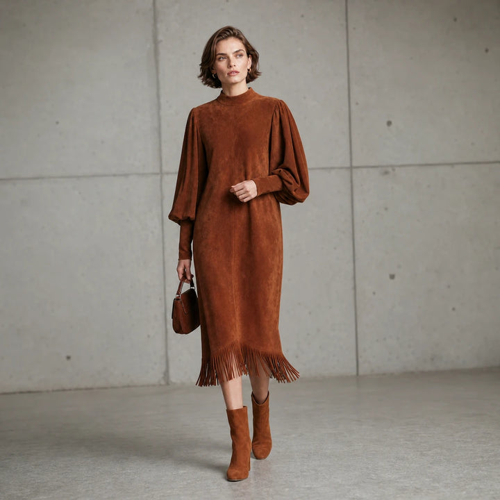 Suede Serenade – Faux Suede-Look Lantern Sleeve Fringe Midi Dress