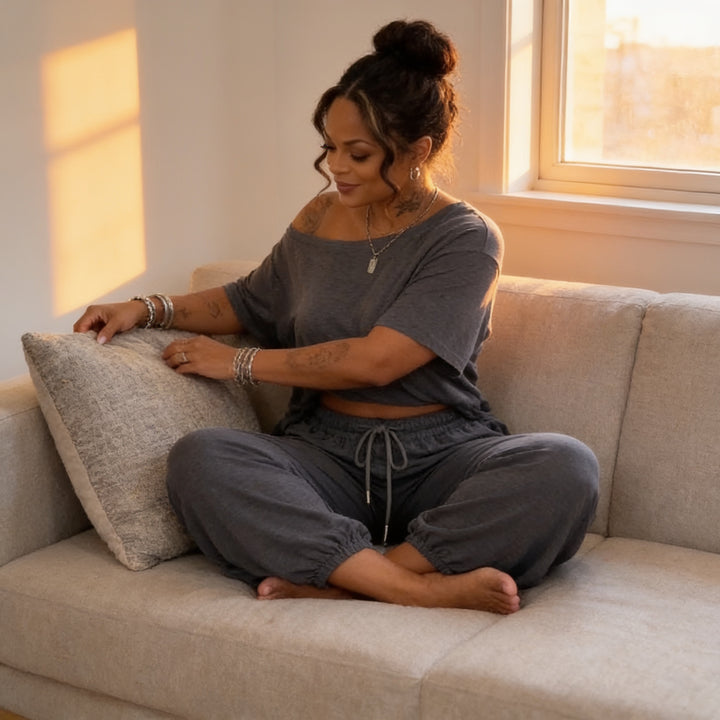 Draperline – Off-Shoulder Asymmetrical Top And Wide-Leg Pants Set