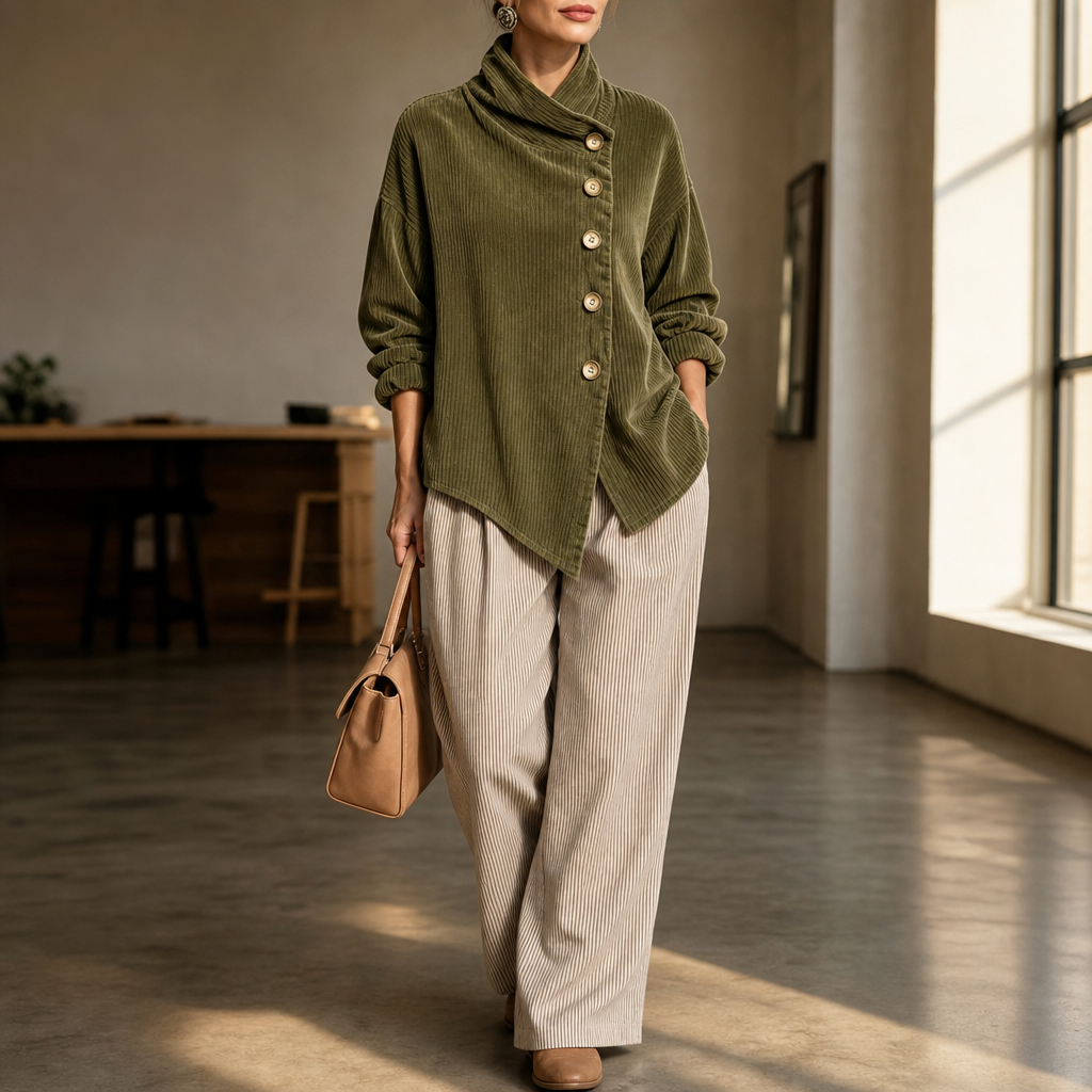 Wearbella – Funnel Collar Asymmetric Button Corduroy Top