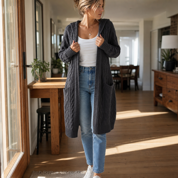 Wrapetta – Hooded Longline Cable-Knit Cardigan