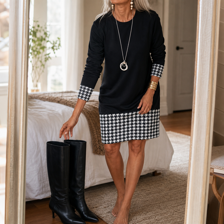 Wearbella – Horsebit Plaid A-Line Long-Sleeve Dress