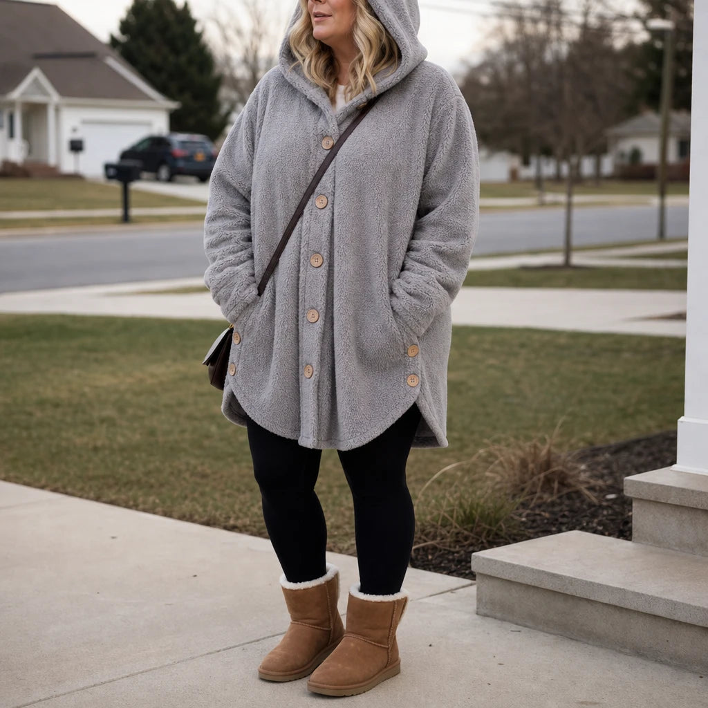 Cozy Button – Asymmetrical Hem Hooded Fleece Coat