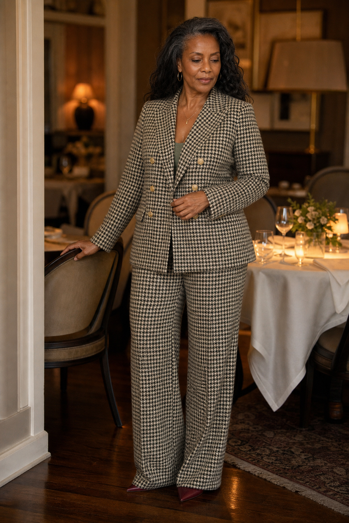 Composure – Plaid Double-Breasted Blazer & Wide-Leg Pants Set